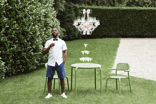 man in garden with hanging Rockcoco