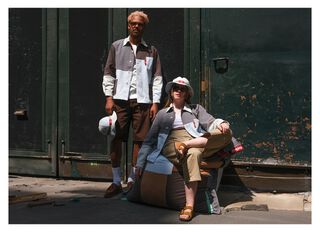 Man and woman on Fatboy x BRUT beanbag