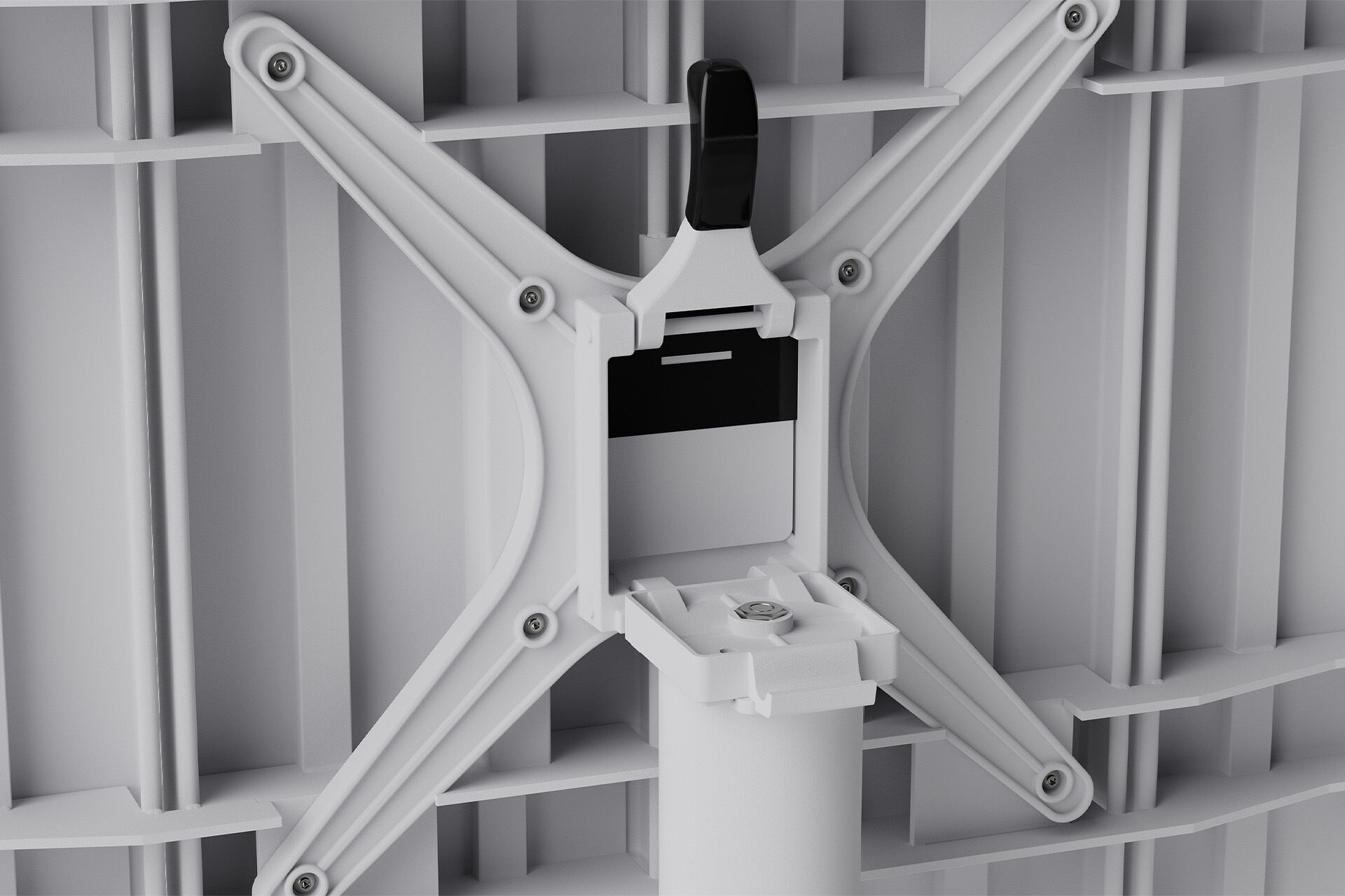 Back interior mechanism shows hinge and mounting for adjustable table top