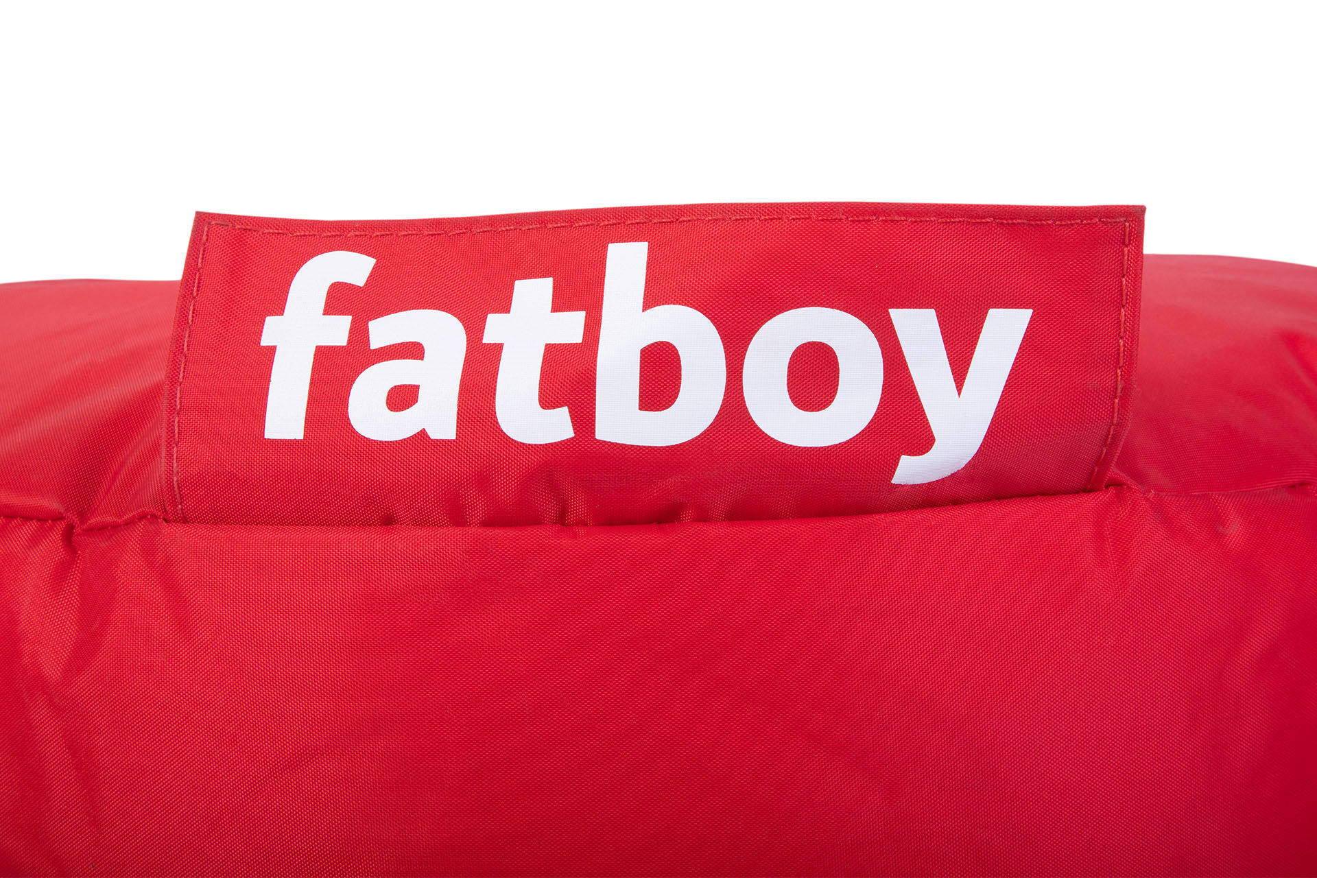 red Fatboy label on pouf