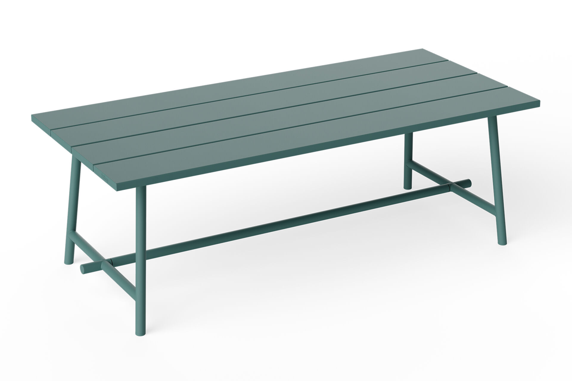Outdoor dining table with slat top in dark sage green.