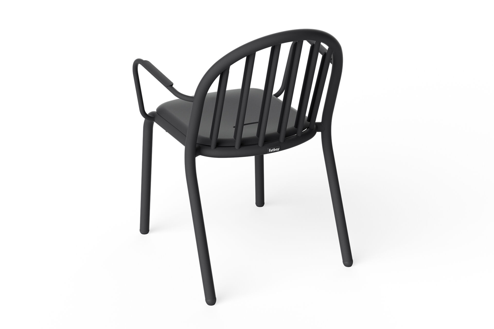 Chair from side angle with curved back and slatted backrest