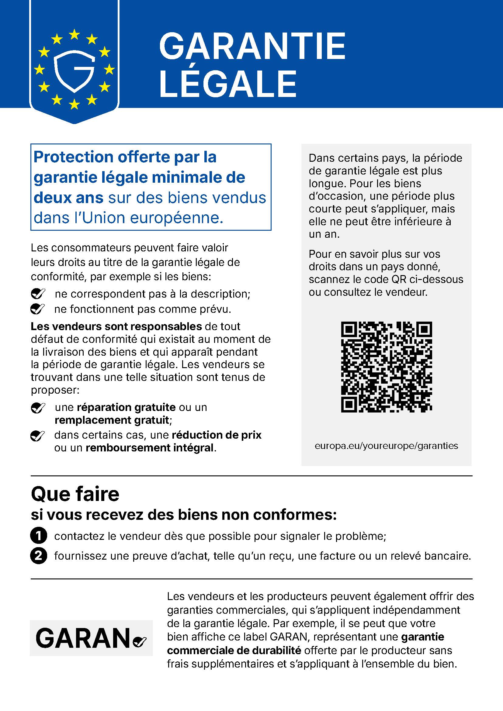 Informations sur la garantie légale au sein de l’Union européenne