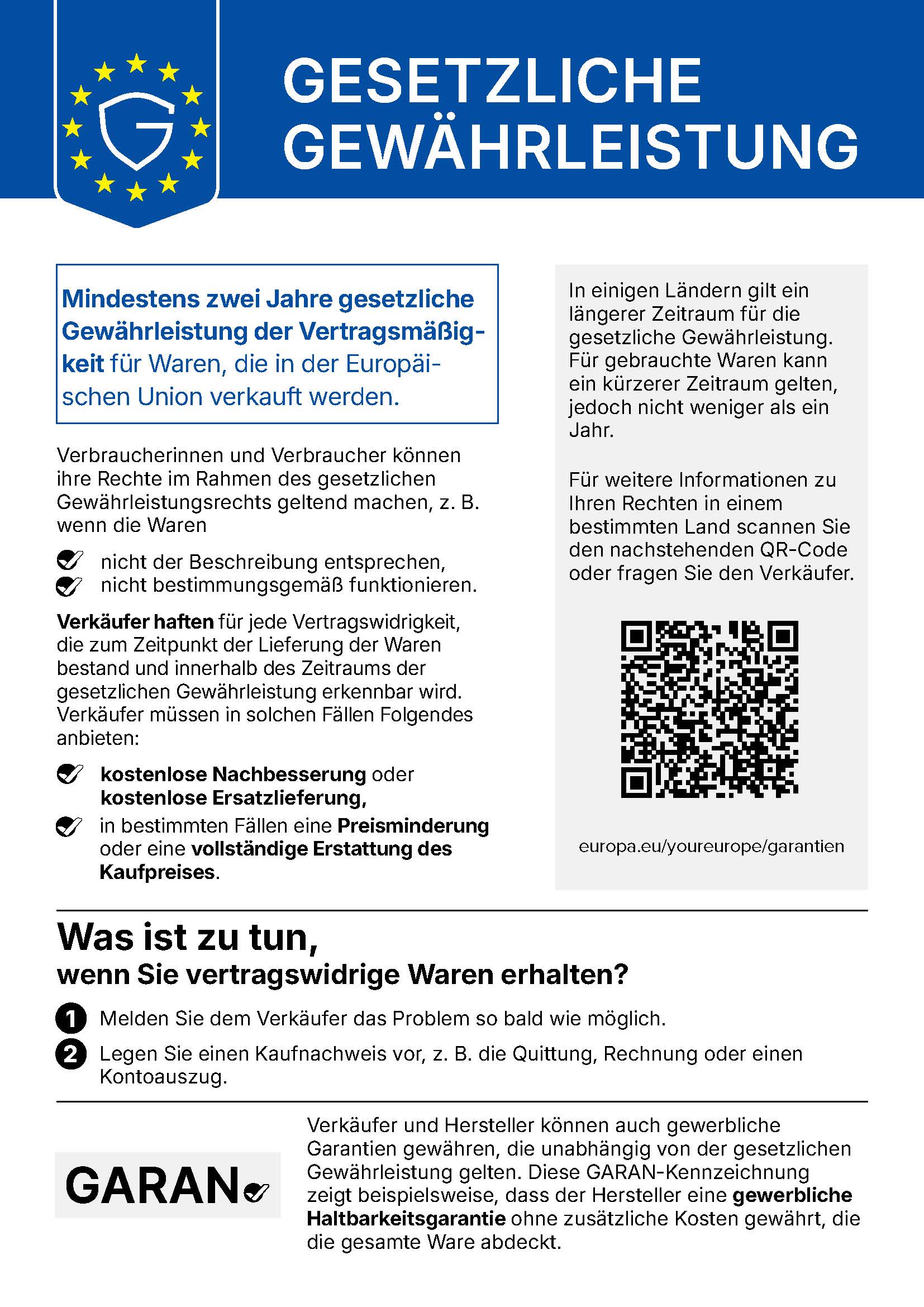 Informationen zur gesetzlichen Gewährleistung innerhalb der Europäischen Union